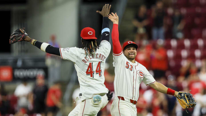 Jun 24, 2024; Cincinnati, Ohio, USA; Cincinnati Reds outfielder Levi Jordan (53) high fives shortstop Elly De La Cruz (44) after the victory over the Pittsburgh Pirates at Great American Ball Park. Mandatory Credit: Katie Stratman-USA TODAY Sports Jun 24, 2024; Cincinnati, Ohio, USA; Cincinnati Reds outfielder Levi Jordan (53) high fives shortstop Elly De La Cruz (44) after the victory over the Pittsburgh Pirates at Great American Ball Park. Mandatory Credit: Katie Stratman-USA TODAY Sports