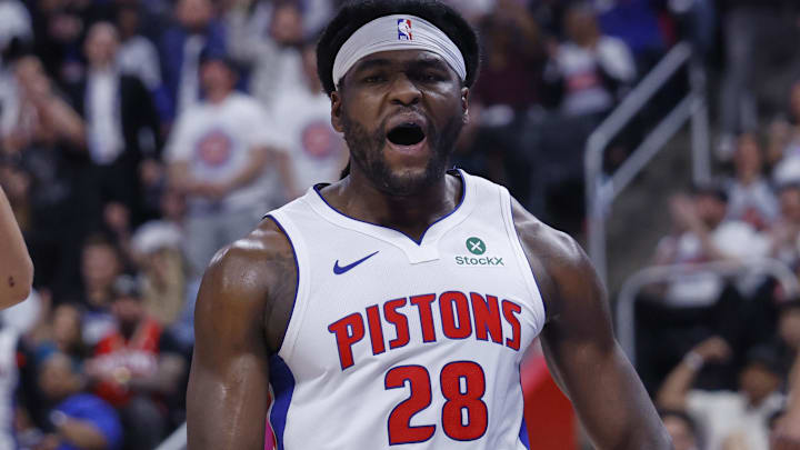 Apr 22, 2026; Detroit, Michigan, USA; Detroit Pistons forward Isaiah Stewart (28) reacts during the second half against the Orlando Magic during game two of the first round of the 2026 NBA Playoffs at Little Caesars Arena. Mandatory Credit: Rick Osentoski-Imagn Images