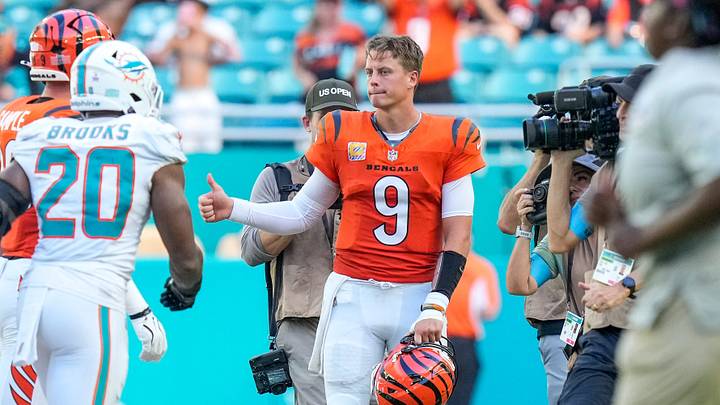 Cincinnati Bengals quarterback Joe Burrow (9) gives a thumbs up after the fourth quarter of the NFL Week 5 game between the Miami Dolphins and the Cincinnati Bengals at Hard Rock Stadium in Miami Gardens, Florida, on Sunday, Oct. 11, 2026. The Bengals improved to 3-2 on the season with a 31-24 win on the road.