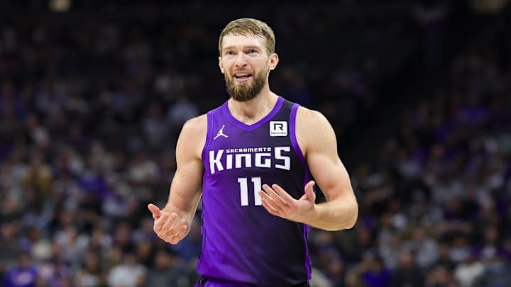 Jan 1, 2025; Sacramento, California, USA; Sacramento Kings forward Domantas Sabonis (11) reacts after a play during the first quarter against the Philadelphia 76ers at Golden 1 Center. Mandatory Credit: Sergio Estrada-Imagn Images
