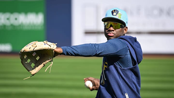 Milwaukee Brewers outfielder Luis Lara plays catch during spring training workouts Tuesday, February 17, 2026, at American Family Fields of Phoenix in Phoenix, Arizona. Milwaukee Brewers outfielder Luis Lara plays catch during spring training workouts Tuesday, February 17, 2026, at American Family Fields of Phoenix in Phoenix, Arizona.