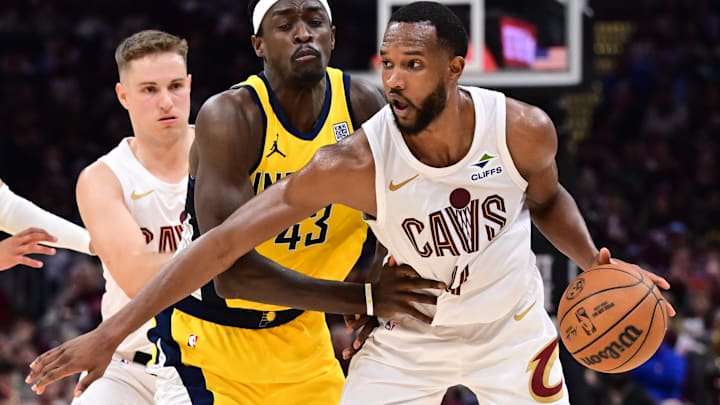 May 4, 2025; Cleveland, Ohio, USA; Indiana Pacers forward Pascal Siakam (43) defends Cleveland Cavaliers forward Evan Mobley (4) during the second half in game one of the second round for the 2025 NBA Playoffs at Rocket Arena. Mandatory Credit: Ken Blaze-Imagn Images May 4, 2025; Cleveland, Ohio, USA; Indiana Pacers forward Pascal Siakam (43) defends Cleveland Cavaliers forward Evan Mobley (4) during the second half in game one of the second round for the 2025 NBA Playoffs at Rocket Arena. Mandatory Credit: Ken Blaze-Imagn Images