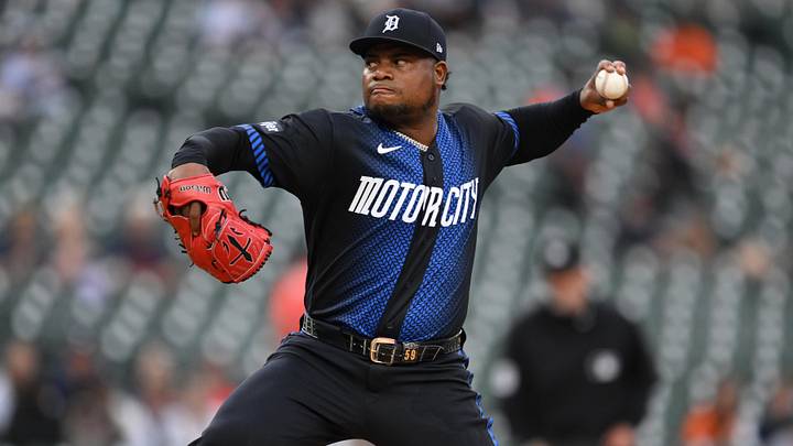 May 18, 2026; Detroit, Michigan, USA; Detroit Tigers starting pitcher Framber Valdez (59) throws a pitch against the Cleveland Guardians in the first inning at Comerica Park. Mandatory Credit: Lon Horwedel-Imagn Images
