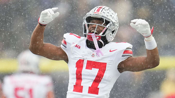 Ohio State Buckeyes wide receiver Carnell Tate (17) celebrates during the NCAA football game against the Michigan Wolverines at Michigan Stadium in Ann Arbor, Mich. on Nov. 29, 2025. Ohio State won 27-9.