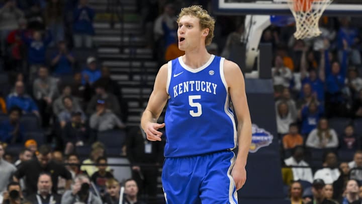 Mar 12, 2026; Nashville, TN, USA;  Kentucky Wildcats guard Collin Chandler (5) reacts after a made three point basket against the Missouri Tigers during the second half at Bridgestone Arena. Mandatory Credit: Steve Roberts-Imagn Images