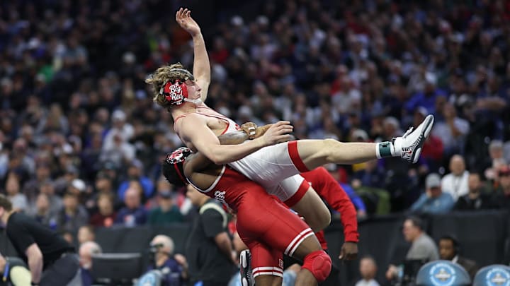 Antrell Taylor of Nebraska wrestles Meyer Shapiro of Cornell 