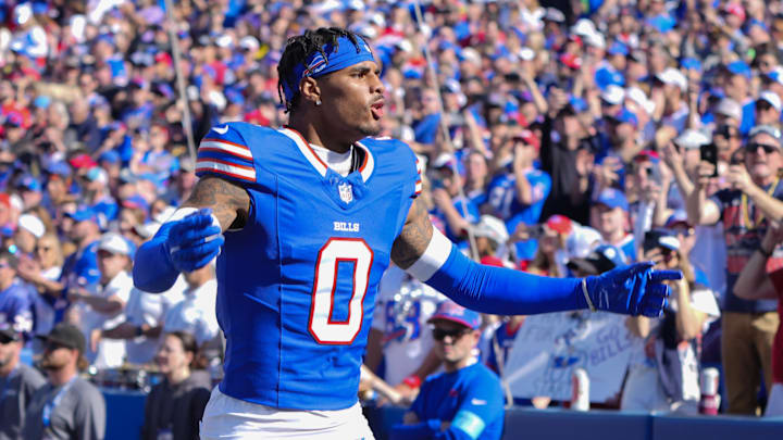 Oct 20, 2024; Orchard Park, New York, USA; Buffalo Bills wide receiver Keon Coleman (0) is introduced prior to the game against the Tennessee Titans at Highmark Stadium. Mandatory Credit: Gregory Fisher-Imagn Images