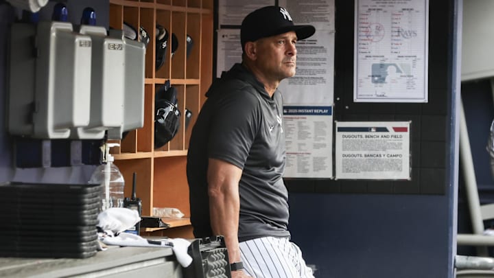 Jul 30, 2025; Bronx, New York, USA; New York Yankees manager Aaron Boone (17) at Yankee Stadium. Mandatory Credit: Wendell Cruz-Imagn Images Jul 30, 2025; Bronx, New York, USA; New York Yankees manager Aaron Boone (17) at Yankee Stadium. Mandatory Credit: Wendell Cruz-Imagn Images