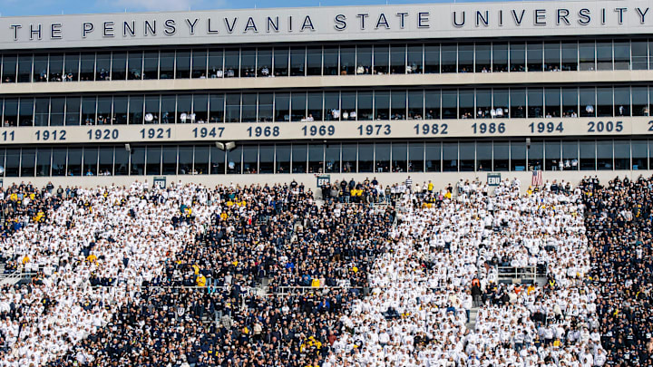 Penn State football fans don white and blue for a Stripe Out game against Michigan in Beaver Stadium.