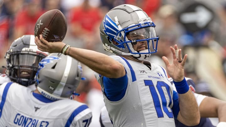 Apr 2, 2023; Houston, TX, USA;  Louis Battlehawks quarterback A.J. McCarron (10) passes against the