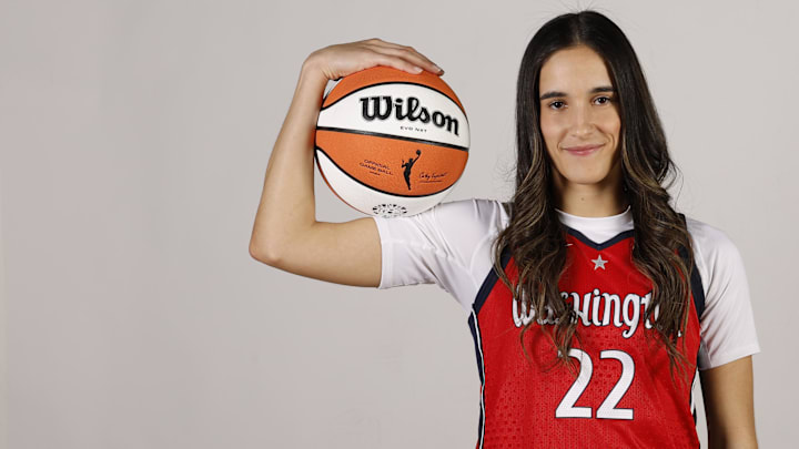 Apr 28, 2025; Washington, DC, USA; Washington Mystics guard Sonia Citron (22) poses for a portrait during Mystics Media Day at CareFirst Arena. Mandatory Credit: Geoff Burke-Imagn Images