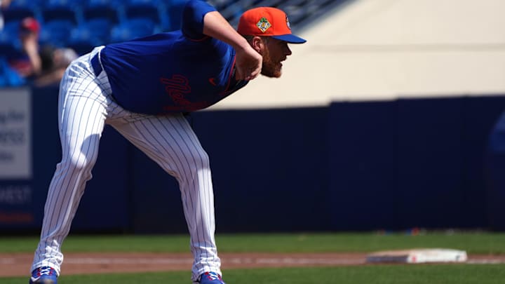 Feb 28, 2026; Port St. Lucie, Florida, USA;  New York Mets pitcher Craig Kimbrel (46) pitches in the fourth inning against the Washington Nationals at Clover Park. Mandatory Credit: Jim Rassol-Imagn Images