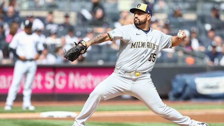 Mar 29, 2025; Bronx, New York, USA; Milwaukee Brewers starting pitcher Nestor Cortes (65) pitches in the first inning against the New York Yankees at Yankee Stadium. Mandatory Credit: Wendell Cruz-Imagn Images