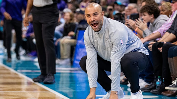 Mar 8, 2025; Charlotte, North Carolina, USA; Brooklyn Netshead coach Jordi Fernandez reacts during the fourth quarter against the Charlotte Hornets at Spectrum Center. Mandatory Credit: Scott Kinser-Imagn Images Mar 8, 2025; Charlotte, North Carolina, USA; Brooklyn Netshead coach Jordi Fernandez reacts during the fourth quarter against the Charlotte Hornets at Spectrum Center. Mandatory Credit: Scott Kinser-Imagn Images