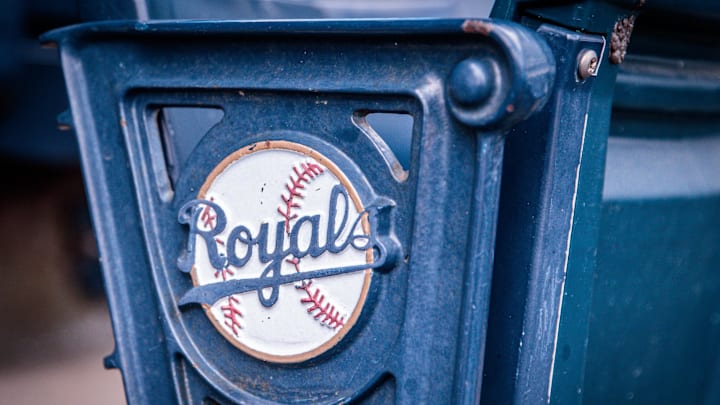 Apr 16, 2023; Kansas City, Missouri, USA; Logo on stadium seats prior to the game between the Kansas City Royals and the Atlanta Braves at Kauffman Stadium. Mandatory Credit: William Purnell-Imagn Images