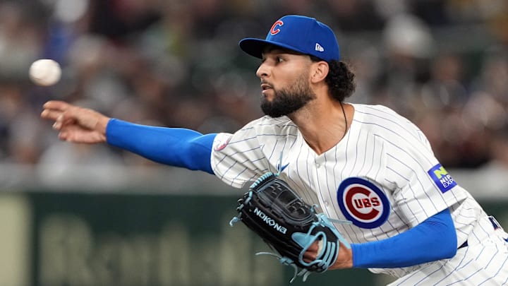 Mar 15, 2025; Bunkyo, Tokyo, Japan; Chicago Cubs pitcher Tyson Miller (49) throws a pitch against the Hanshin Tigers during the fourth inning at Tokyo Dome. Mar 15, 2025; Bunkyo, Tokyo, Japan; Chicago Cubs pitcher Tyson Miller (49) throws a pitch against the Hanshin Tigers during the fourth inning at Tokyo Dome.