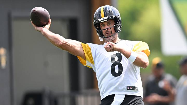 Jul 29, 2026; Latrobe, PA, USA; Pittsburgh Steelers quarterback Aaron Rodgers (8) throws a pass during a practice session at Saint Vincent College. Mandatory Credit: Barry Reeger-Imagn Images Jul 29, 2026; Latrobe, PA, USA; Pittsburgh Steelers quarterback Aaron Rodgers (8) throws a pass during a practice session at Saint Vincent College. Mandatory Credit: Barry Reeger-Imagn Images