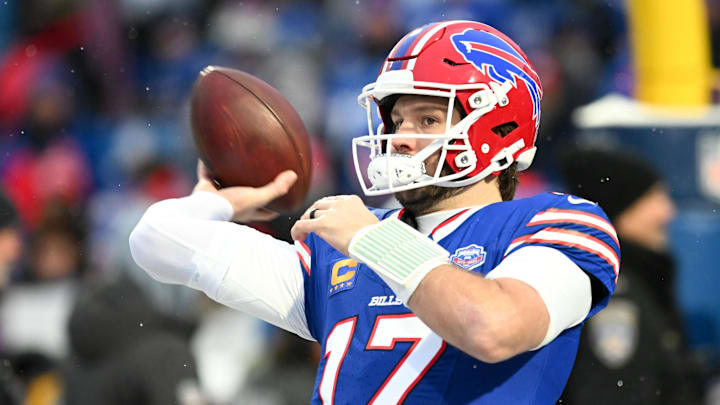 Buffalo Bills quarterback Josh Allen (17) warms up before the game against the New York Jets at Highmark Stadium. 