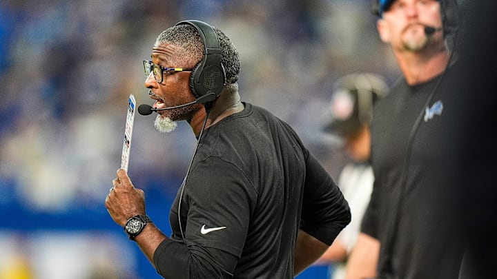 Detroit Lions defensive coordinator Aaron Glenn watches a play against Indianapolis Colts during the second half at Lucas Oil Stadium in Indianapolis, Ind. on Sunday, Nov. 24, 2024. Detroit Lions defensive coordinator Aaron Glenn watches a play against Indianapolis Colts during the second half at Lucas Oil Stadium in Indianapolis, Ind. on Sunday, Nov. 24, 2024.