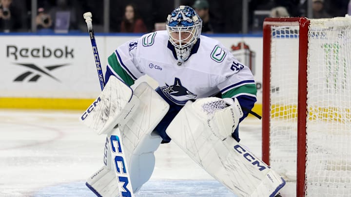 Dec 16, 2025; New York, New York, USA; Vancouver Canucks goaltender Thatcher Demko (35) tends net against the New York Rangers during the second period at Madison Square Garden. Mandatory Credit: Brad Penner-Imagn Images