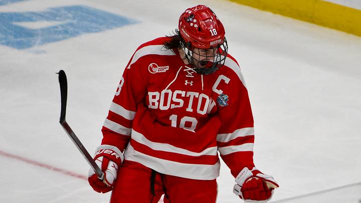 Boston University Terriers forward Shane Lachance (18) reacts after scoring against Western Michigan Broncos during the second period of the Frozen Four college ice hockey national championship at Enterprise Center. Mandatory Credit: Jeff Curry-Imagn Images Boston University Terriers forward Shane Lachance (18) reacts after scoring against Western Michigan Broncos during the second period of the Frozen Four college ice hockey national championship at Enterprise Center. Mandatory Credit: Jeff Curry-Imagn Images