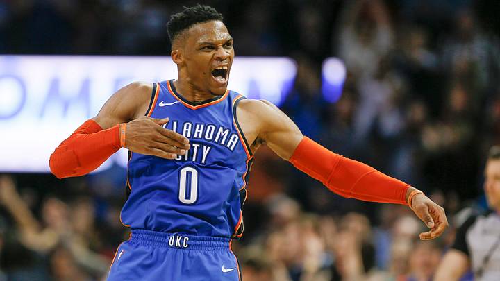Mar 13, 2019; Oklahoma City, OK, USA; Oklahoma City Thunder guard Russell Westbrook (0) celebrates after scoring against the Brooklyn Nets during the second half at Chesapeake Energy Arena. Mandatory Credit: Alonzo Adams-USA TODAY Sports Mar 13, 2019; Oklahoma City, OK, USA; Oklahoma City Thunder guard Russell Westbrook (0) celebrates after scoring against the Brooklyn Nets during the second half at Chesapeake Energy Arena. Mandatory Credit: Alonzo Adams-USA TODAY Sports