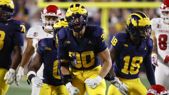 Aug 31, 2024; Ann Arbor, Michigan, USA; Michigan Wolverines linebacker Jimmy Rolder (30) celebrates a play in the second half against the Fresno State Bulldogs at Michigan Stadium. Mandatory Credit: Rick Osentoski-USA TODAY Sports Aug 31, 2024; Ann Arbor, Michigan, USA; Michigan Wolverines linebacker Jimmy Rolder (30) celebrates a play in the second half against the Fresno State Bulldogs at Michigan Stadium. Mandatory Credit: Rick Osentoski-USA TODAY Sports