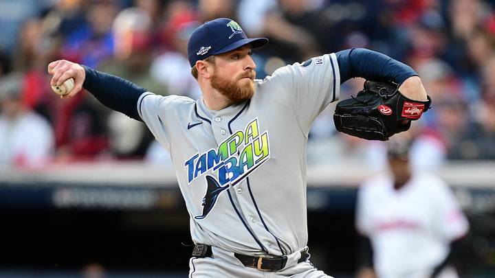 Oct 18, 2026; Cleveland, Ohio, USA; Tampa Bay Rays pitcher Drew Rasmussen (57) throws a pitch against the Cleveland Guardians in the second inning in game five of the ALCS for the 2026 MLB Playoffs at Progressive Field. Mandatory Credit: David Dermer-Imagn Images Oct 18, 2026; Cleveland, Ohio, USA; Tampa Bay Rays pitcher Drew Rasmussen (57) throws a pitch against the Cleveland Guardians in the second inning in game five of the ALCS for the 2026 MLB Playoffs at Progressive Field. Mandatory Credit: David Dermer-Imagn Images