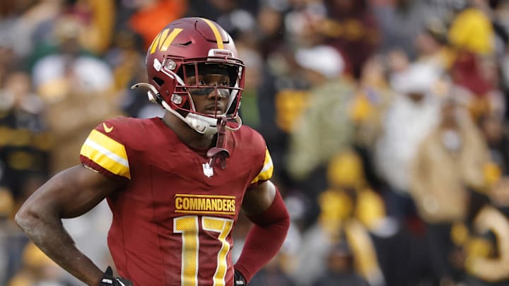 Nov 10, 2024; Landover, Maryland, USA; Washington Commanders wide receiver Terry McLaurin (17) looks on from the field during final minute of the game against the Pittsburgh Steelers at Northwest Stadium. Mandatory Credit: Amber Searls-Imagn Images Nov 10, 2024; Landover, Maryland, USA; Washington Commanders wide receiver Terry McLaurin (17) looks on from the field during final minute of the game against the Pittsburgh Steelers at Northwest Stadium. Mandatory Credit: Amber Searls-Imagn Images