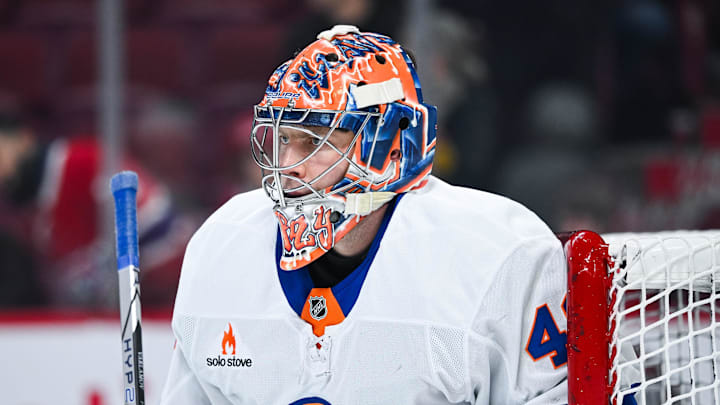Dec 3, 2024; Montreal, Quebec, CAN; New York Islanders goalie Semyon Varlamov (40) looks on during warm-up before the game against the Montreal Canadiens at Bell Centre. Mandatory Credit: David Kirouac-Imagn Images Dec 3, 2024; Montreal, Quebec, CAN; New York Islanders goalie Semyon Varlamov (40) looks on during warm-up before the game against the Montreal Canadiens at Bell Centre. Mandatory Credit: David Kirouac-Imagn Images