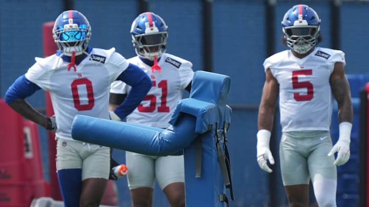 East Rutherford, NJ -- June 5, 2025 -- Linebackers, Brian Burns, Abdul Carter and Kayvon Thibodeaux as the New York Giants players participate in their 2025 OTAÕs at the Quest Diagnostic Giants Training Center in East Rutherford.