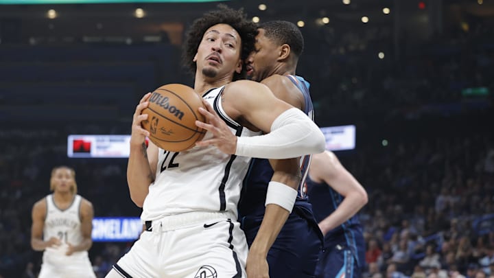 Feb 20, 2026; Oklahoma City, Oklahoma, USA; Brooklyn Nets forward Jalen Wilson (22) drives to the basket against Oklahoma City Thunder guard Aaron Wiggins (21) during the first half at Paycom Center. Mandatory Credit: Alonzo Adams-Imagn Images