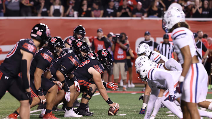 Sep 28, 2024; Salt Lake City, Utah, USA; The Utah Utes offense lines up against the Arizona Wildcats defense during the second quarter at Rice-Eccles Stadium. Mandatory Credit: Rob Gray-Imagn Images