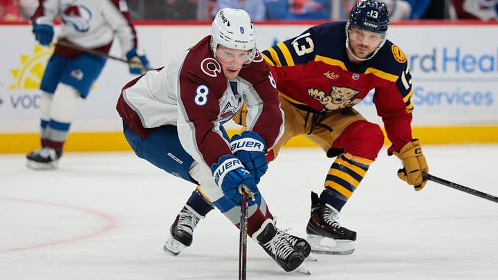 Jan 4, 2026; Sunrise, Florida, USA; Colorado Avalanche defenseman Cale Makar (8) moves the puck against Florida Panthers center Sam Reinhart (13) during the third period at Amerant Bank Arena. Mandatory Credit: Sam Navarro-Imagn Images Jan 4, 2026; Sunrise, Florida, USA; Colorado Avalanche defenseman Cale Makar (8) moves the puck against Florida Panthers center Sam Reinhart (13) during the third period at Amerant Bank Arena. Mandatory Credit: Sam Navarro-Imagn Images