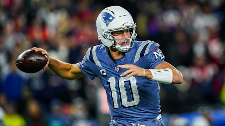Nov 13, 2025; Foxborough, Massachusetts, USA; New England Patriots quarterback Drake Maye (10) throws a pass 