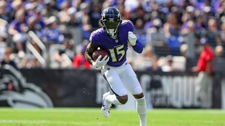 Sep 15, 2024; Baltimore, Maryland, USA; Baltimore Ravens wide receiver Nelson Agholor (15) runs with the ball during the second half against the Las Vegas Raiders at M&T Bank Stadium. Mandatory Credit: Reggie Hildred-Imagn Images Sep 15, 2024; Baltimore, Maryland, USA; Baltimore Ravens wide receiver Nelson Agholor (15) runs with the ball during the second half against the Las Vegas Raiders at M&T Bank Stadium. Mandatory Credit: Reggie Hildred-Imagn Images