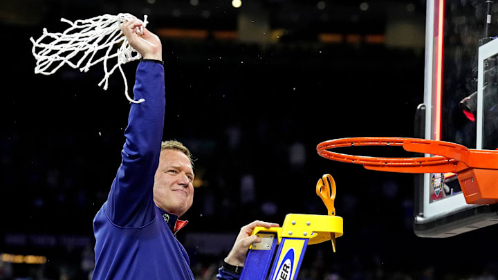 Apr 4, 2022; New Orleans, LA, USA; Kansas Jayhawks head coach Bill Self celebrates after beating the North Carolina Tar Heels during the 2022 NCAA men's basketball tournament Final Four.