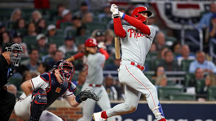 Oct 7, 2023; Cumberland, Georgia, USA; Philadelphia Phillies designated hitter Bryce Harper (3) hits