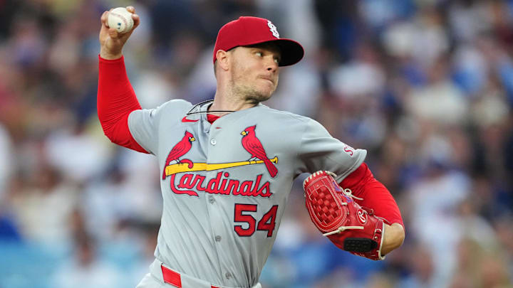 Aug 4, 2025; Los Angeles, California, USA; St. Louis Cardinals pitcher Sonny Gray (54) throws during the second inning against the Los Angeles Dodgers at Dodger Stadium. Mandatory Credit: Kirby Lee-Imagn Images