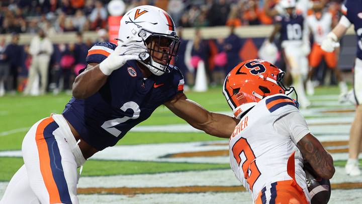 Oct 10, 2026; Charlottesville, Virginia, USA; Syracuse Orange wide receiver Umari Hatcher (2) catches a touchdown pass as Virginia Cavaliers defensive back Donavon Platt (2) defends during the first half at Scott Stadium. Mandatory Credit: Geoff Burke-Imagn Images Oct 10, 2026; Charlottesville, Virginia, USA; Syracuse Orange wide receiver Umari Hatcher (2) catches a touchdown pass as Virginia Cavaliers defensive back Donavon Platt (2) defends during the first half at Scott Stadium. Mandatory Credit: Geoff Burke-Imagn Images