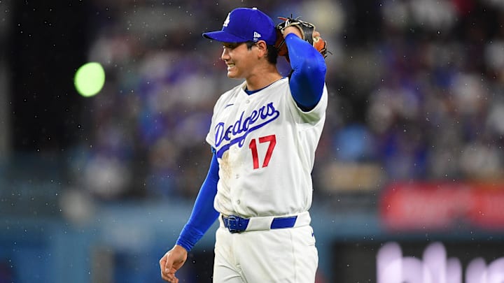 Mar 31, 2026; Los Angeles, California, USA; Los Angeles Dodgers pitcher Shohei Ohtani (17) reacts after hitting Cleveland Guardians center fielder Angel Martinez (1) with a pitch during the fifth inning at Dodger Stadium. Mandatory Credit: Gary A. Vasquez-Imagn Images