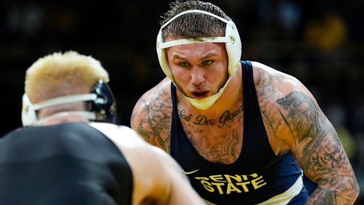 Penn State’s Rocco Welsh wrestles Iowa’s Angelo Ferrari in a 184-pound match at Carver-Hawkeye Arena in Iowa City, Iowa.