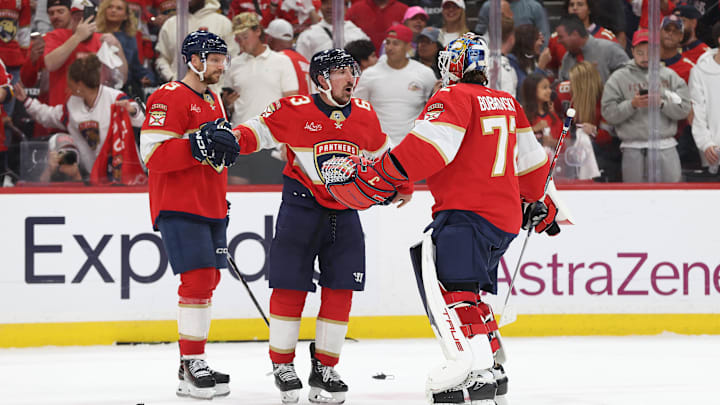 May 11, 2025; Sunrise, Florida, USA; Florida Panthers goaltender Sergei Bobrovsky (72), Florida Panthers center Brad Marchand (63) and Florida Panthers center Sam Reinhart (13) celebrate after they beat the Toronto Maple Leafs in game four of the second round of the 2025 Stanley Cup Playoffs at Amerant Bank Arena. Mandatory Credit: Kim Klement Neitzel-Imagn Images