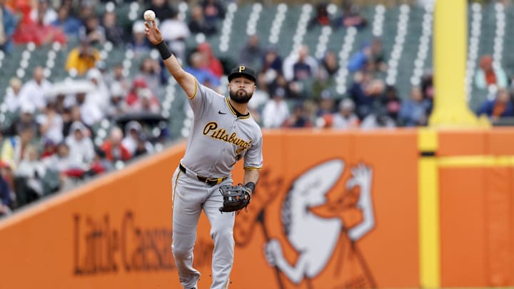 Jun 19, 2025; Detroit, Michigan, USA;  Pittsburgh Pirates shortstop Isiah Kiner-Falefa (7) makes a throw in the third inning against the Detroit Tigers at Comerica Park. Mandatory Credit: Rick Osentoski-Imagn Images