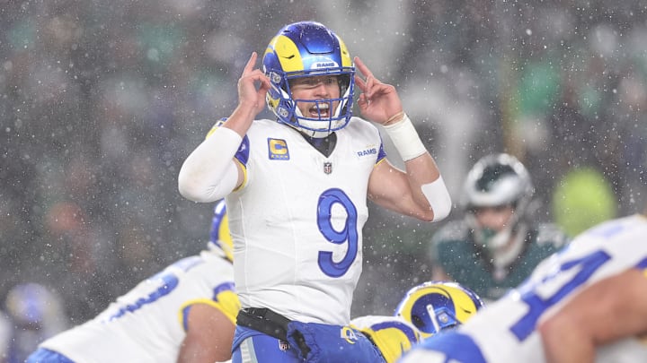 Jan 19, 2025; Philadelphia, Pennsylvania, USA; Los Angeles Rams quarterback Matthew Stafford (9) calls a play from the line of scrimmage in the third quarter against the Philadelphia Eagles in a 2025 NFC divisional round game at Lincoln Financial Field. Mandatory Credit: Bill Streicher-Imagn Images Jan 19, 2025; Philadelphia, Pennsylvania, USA; Los Angeles Rams quarterback Matthew Stafford (9) calls a play from the line of scrimmage in the third quarter against the Philadelphia Eagles in a 2025 NFC divisional round game at Lincoln Financial Field. Mandatory Credit: Bill Streicher-Imagn Images