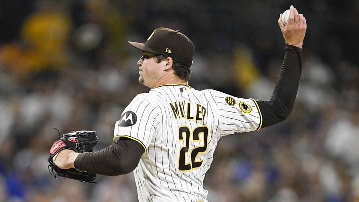 May 18, 2026; San Diego, California, USA; San Diego Padres pitcher Mason Miller (22) throws a pitch during the ninth inning against the Los Angeles Dodgers at Petco Park. Mandatory Credit: Denis Poroy-Imagn Images