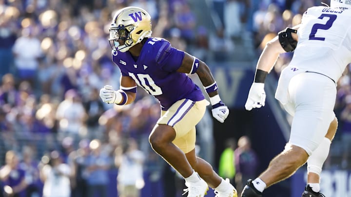 Sep 21, 2024; Seattle, Washington, USA; Washington Huskies edge Lance Holtzclaw (10) reacts to a snap against the Northwestern Wildcats during the second quarter at Alaska Airlines Field at Husky Stadium. Mandatory Credit: Joe Nicholson-Imagn Images Sep 21, 2024; Seattle, Washington, USA; Washington Huskies edge Lance Holtzclaw (10) reacts to a snap against the Northwestern Wildcats during the second quarter at Alaska Airlines Field at Husky Stadium. Mandatory Credit: Joe Nicholson-Imagn Images