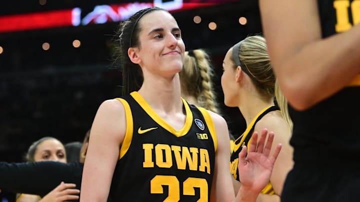 Apr 7, 2024; Cleveland, OH, USA; Iowa Hawkeyes guard Caitlin Clark (22) reacts after the game against the South Carolina Gamecocks in the finals of the Final Four of the womens 2024 NCAA Tournament  at Rocket Mortgage FieldHouse. Mandatory Credit: Ken Blaze-Imagn Images