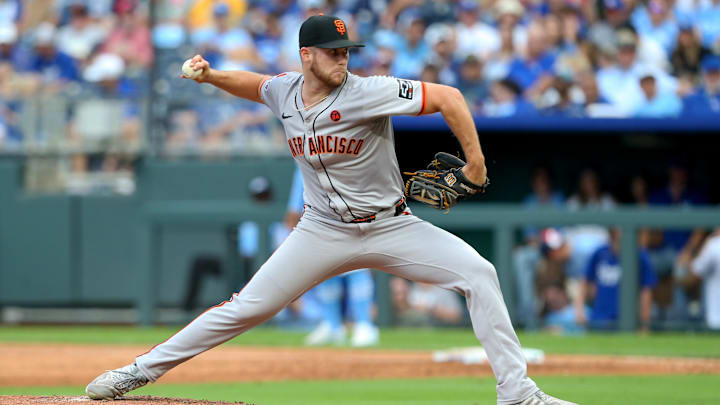 Sep 21, 2024; Kansas City, Missouri, USA; San Francisco Giants starting pitcher Mason Black (47) throws against the Kansas City Royals during the fifth inning at Kauffman Stadium. Sep 21, 2024; Kansas City, Missouri, USA; San Francisco Giants starting pitcher Mason Black (47) throws against the Kansas City Royals during the fifth inning at Kauffman Stadium.
