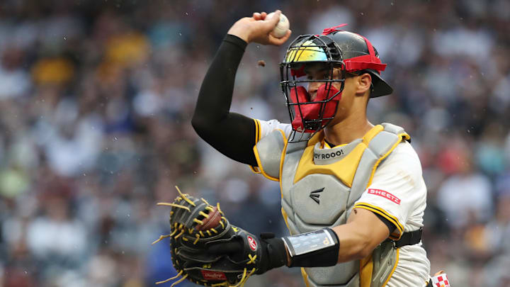 Apr 5, 2025; Pittsburgh, Pennsylvania, USA;  Pittsburgh Pirates catcher Endy Rodriguez (5) chases New York Yankees second baseman Jazz Chisholm Jr. (not pictured) in a fielders choice run down during the seventh inning at PNC Park. Mandatory Credit: Charles LeClaire-Imagn Images